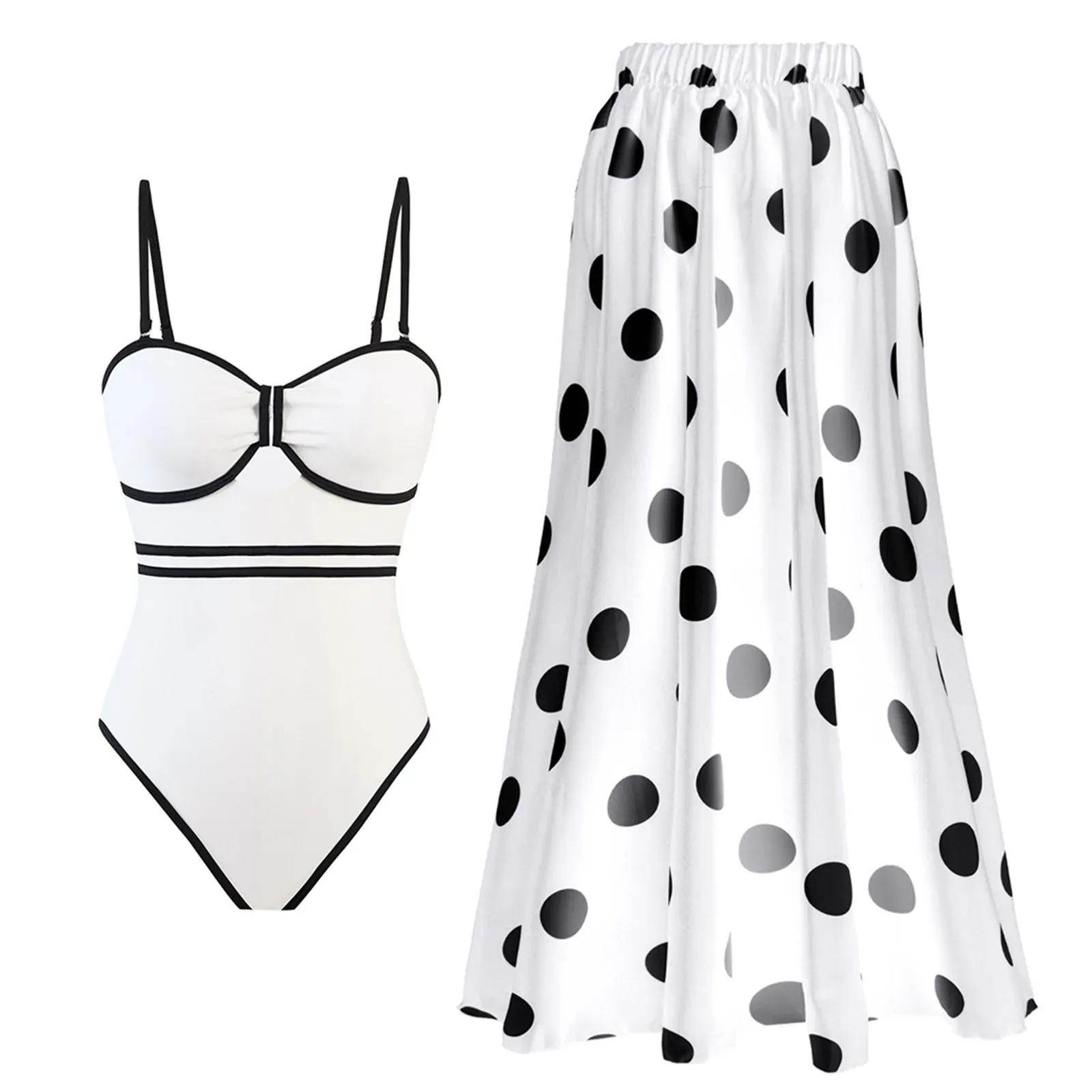 2025 Retro One Piece  Black & White Trim Swimsuit with Matching Polka Dot Skirt (Two Colors) | Lily's Summer